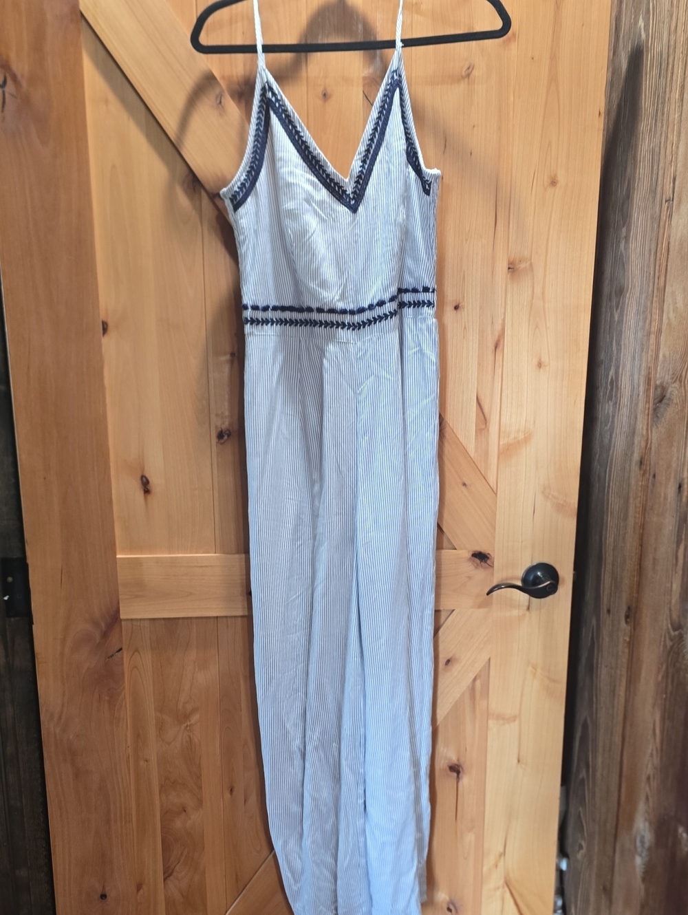Light Blue Pinstripe Sleeveless Jumpsuit with Navy Trim